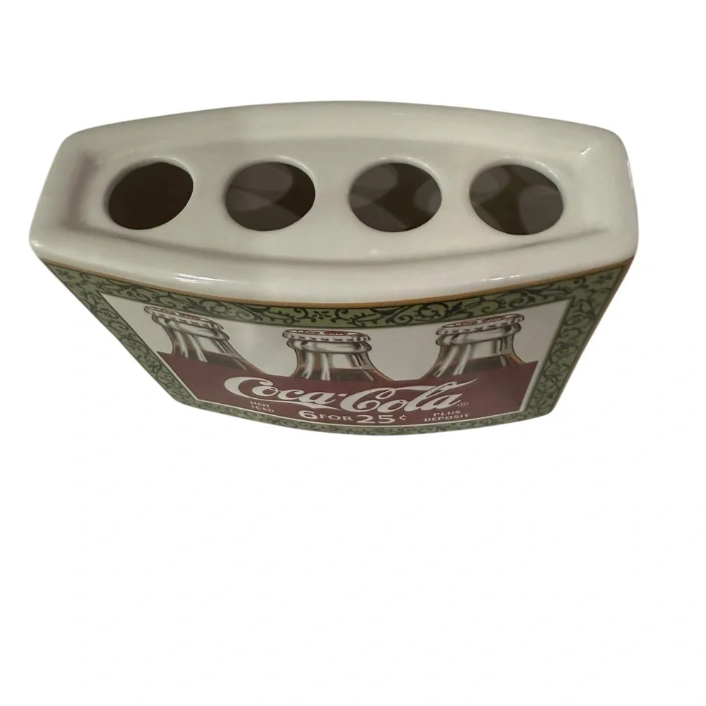 Coca Cola Ceramic 4 Brush Toothbrush Holder with Embossed Sides Collectible